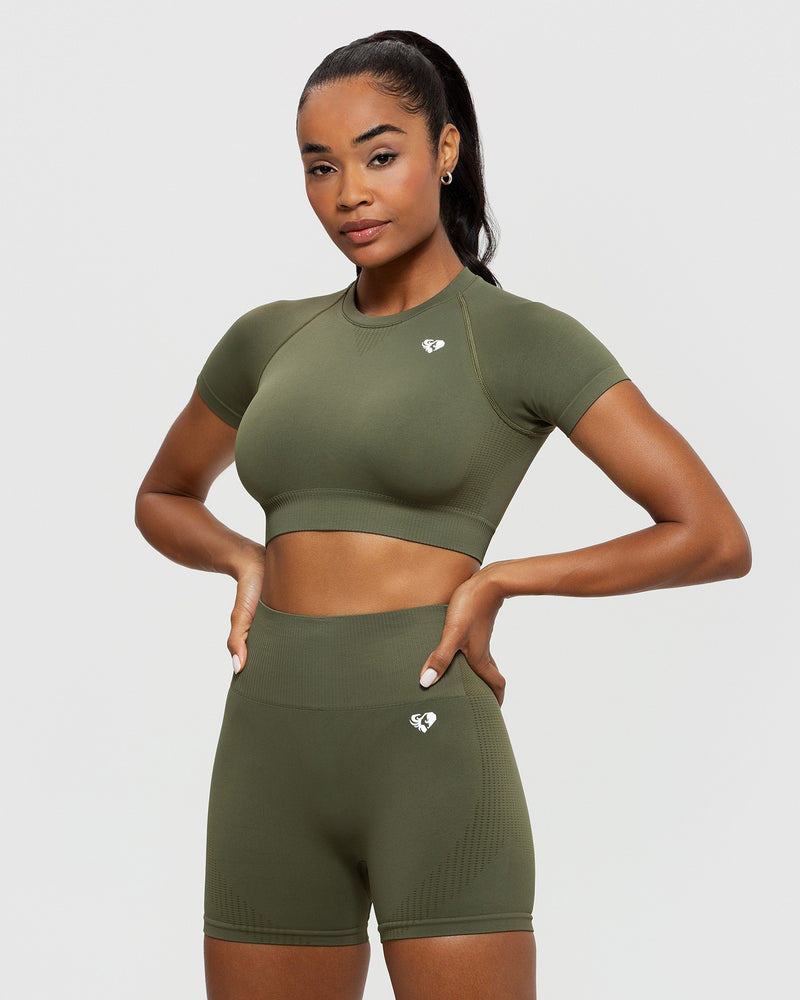 Power Seamless Short Sleeve Crop Top | Khaki