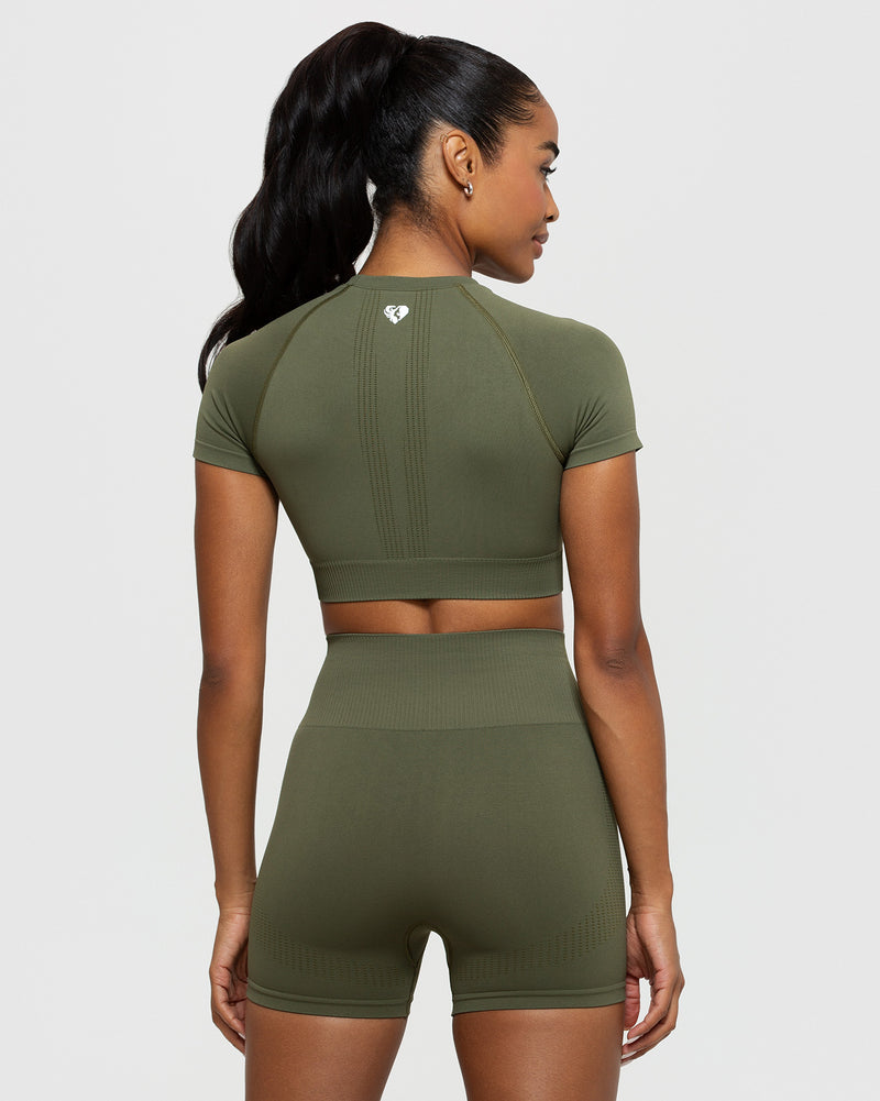 Power Seamless Short Sleeve Crop Top | Khaki