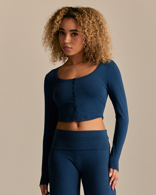Cotton Contour Button Through Long Sleeve Top | True Navy
