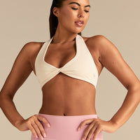 Essential Twist Front Halter Bra | Coconut White