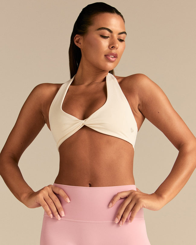 Essential Twist Front Halter Bra | Coconut White