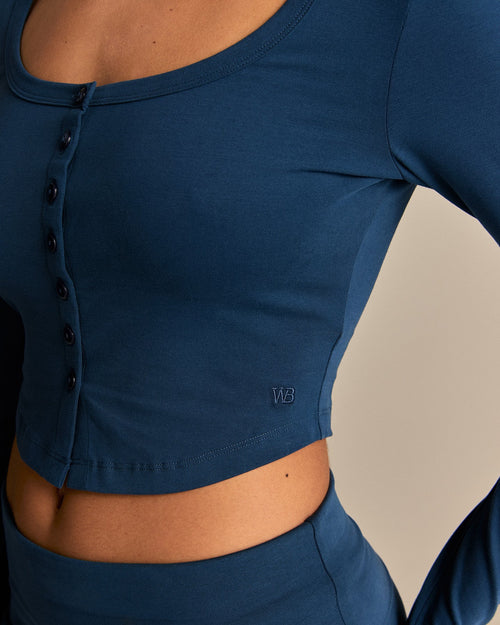 Cotton Contour Button Through Long Sleeve Top | True Navy